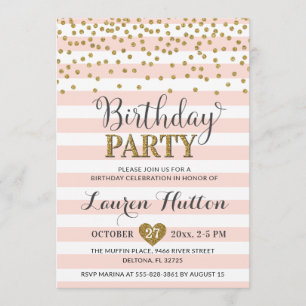 Blush Pink Gold Glitter Elegant Birthday Party Kaart