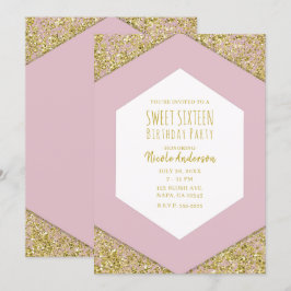 Blush Pink Gold Glitter Flakes Glam Sweet 16 Party Kaart