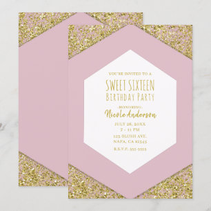 Blush Pink Gold Glitter Flakes Glam Sweet 16 Party Kaart
