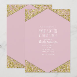 Blush Pink Gold Glitter Flakes Glam Sweet 16 Party Kaart