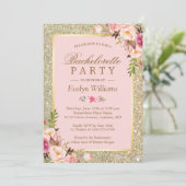 Blush Pink Gold Glitter Floral Bachelorette Party Kaart (Staand voorkant)