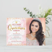Blush Pink Gold Glitter Foto Quinceañera Kaart (Staand voorkant)