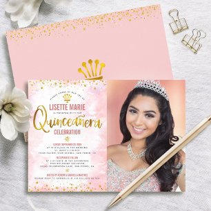 Blush Pink Gold Glitter Foto Quinceañera Kaart