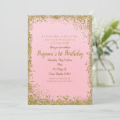Blush Pink & Gold Glitter Glam 1e verjaardagsfeest Kaart (Staand voorkant)
