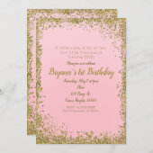 Blush Pink & Gold Glitter Glam 1e verjaardagsfeest Kaart (Voorkant / Achterkant)