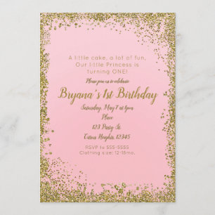 Blush Pink & Gold Glitter Glam 1ST Birthday Party Kaart