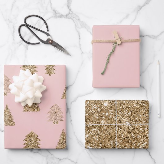 Blush Pink Gold Glitter Glam Kerstbomen Inpakpapier Vel (Voorkant)