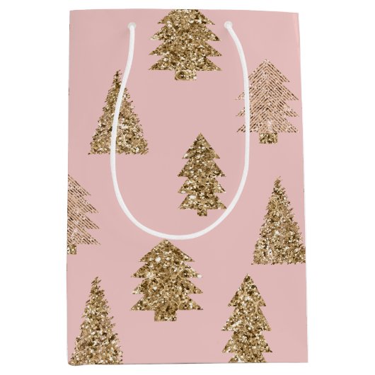 Blush Pink Gold Glitter Glam Kerstbomen Medium Cadeauzakje (Voorkant)