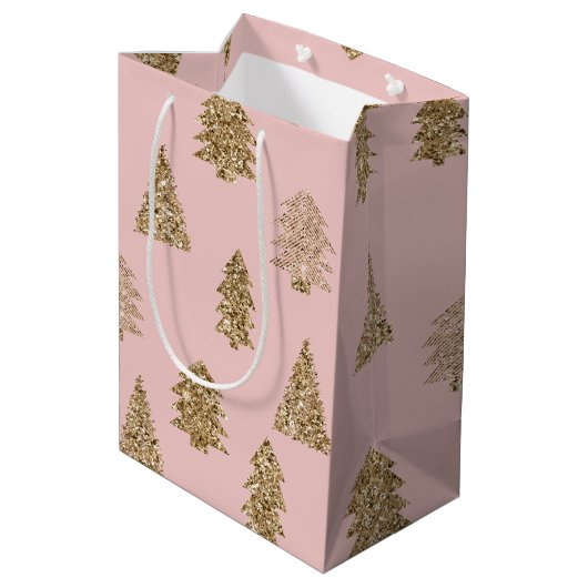 Blush Pink Gold Glitter Glam Kerstbomen Medium Cadeauzakje (Achterkant Gekanteld)