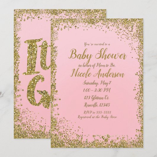Blush Pink Gold Glitter Glam Modern Baby shower Kaart (Voorkant / Achterkant)