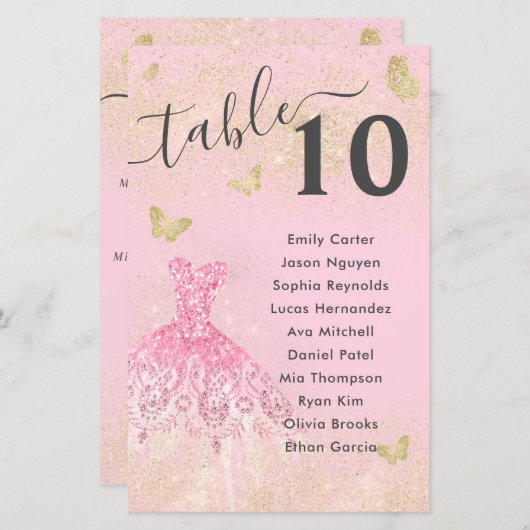 Blush Pink Gold Glitter Gown Quinceanera Zitmenu (Voorkant / Achterkant)