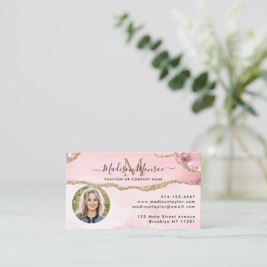 Blush Pink Gold Glitter Logo Photo Agate Monogram Visitekaartje (Staand voorkant)