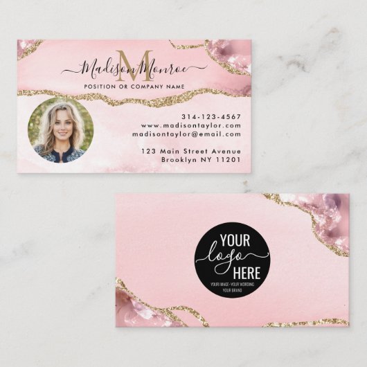 Blush Pink Gold Glitter Logo Photo Agate Monogram Visitekaartje (Voorkant / Achterkant)