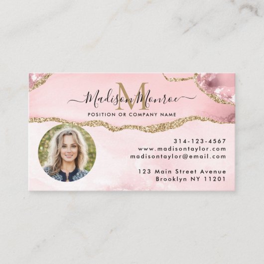 Blush Pink Gold Glitter Logo Photo Agate Monogram Visitekaartje (Voorkant)
