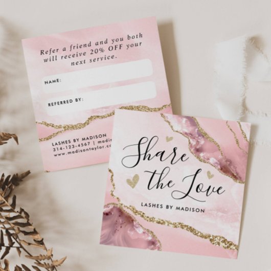 Blush Pink Gold Glitter Marble Agate Chic Monogram Aanbevelingskaartje