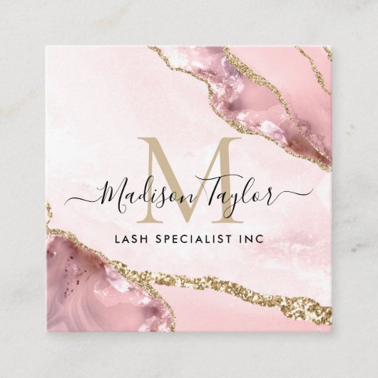 Blush Pink Gold Glitter Marble Agate Chic Monogram Vierkante Visitekaartje (Voorkant)