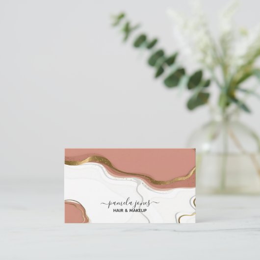 Blush Pink Gold Glitter Marmer Agaat Monogram Visitekaartje (Staand voorkant)