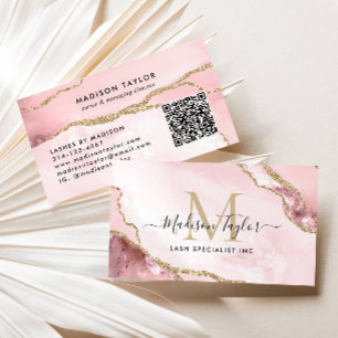 Blush Pink Gold Glitter Marmeren Agaat Monogram QR Visitekaartje