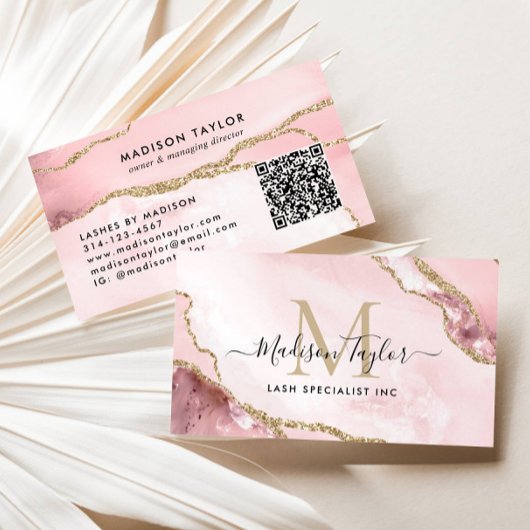 Blush Pink Gold Glitter Marmeren Agaat Monogram QR Visitekaartje