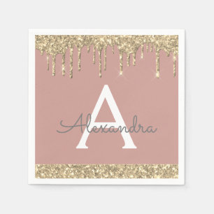 Blush Pink Gold Glitter Monogram Verjaardag Servet