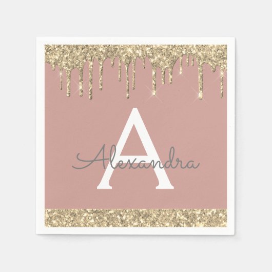 Blush Pink Gold Glitter Monogram Verjaardag Servet (Voorkant)