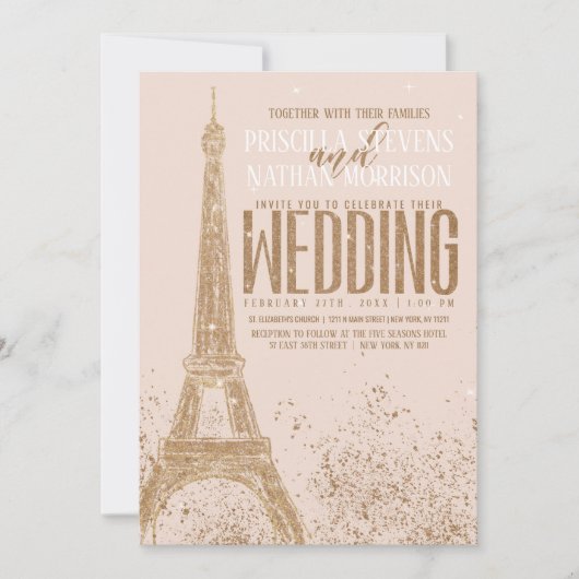 Blush Pink Gold Glitter Paris Eiffel Tower Weddens Kaart (Voorkant)