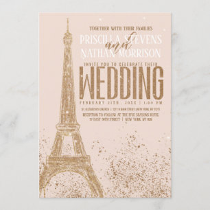 Blush Pink Gold Glitter Paris Eiffel Tower Weddens Kaart