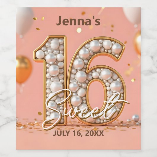 Blush Pink Gold Glitter Pearly Sweet 16 Verjaardag Wijn Etiket (Enkel label)
