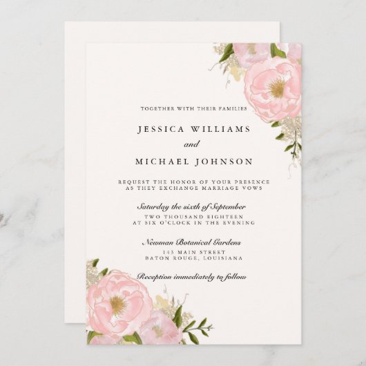 Blush Pink Gold Glitter Pioen Bruiloft Uitnodiging (Voorkant / Achterkant)