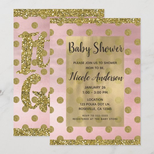 Blush Pink & Gold Glitter Polka Dots Baby shower Kaart (Voorkant / Achterkant)