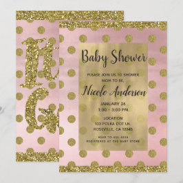 Blush Pink & Gold Glitter Polka Dots Baby shower Kaart