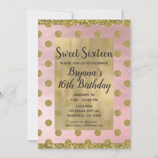 Blush Pink & Gold Glitter Polka Dots Sweet 16 16th Kaart (Voorkant)