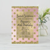 Blush Pink & Gold Glitter Polka Dots Sweet 16 16th Kaart (Staand voorkant)