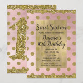 Blush Pink & Gold Glitter Polka Dots Sweet 16 16th Kaart (Voorkant / Achterkant)