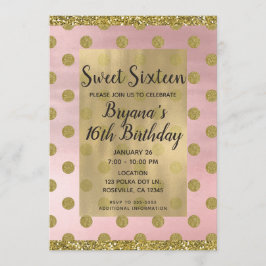 Blush Pink & Gold Glitter Polka Dots Sweet 16 16th Kaart