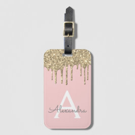 Blush Pink Gold Glitter Sparkle Monogram Bagagelabel