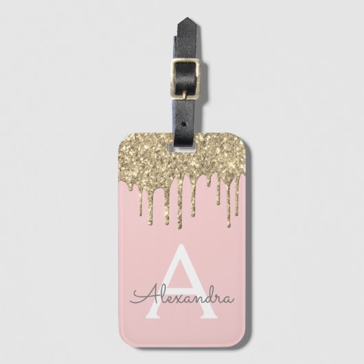 Blush Pink Gold Glitter Sparkle Monogram Bagagelabel (Voorkant (verticaal))