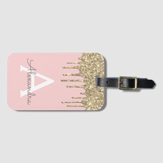 Blush Pink Gold Glitter Sparkle Monogram Bagagelabel (Voorkant (horizontaal))
