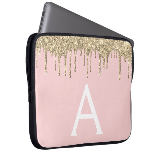 Blush Pink Gold Glitter Sparkle Monogram Laptop Sleeve (Voorkant Rechts)