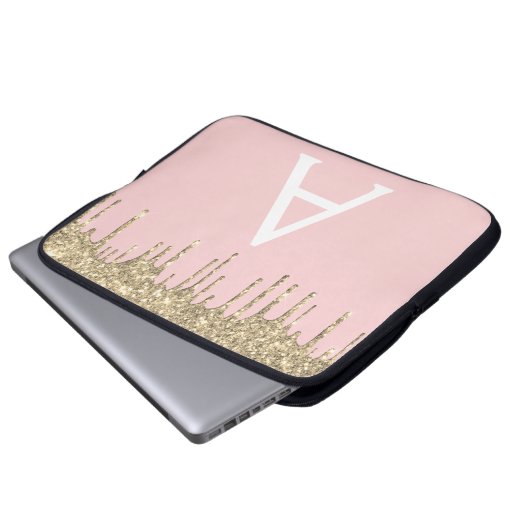 Blush Pink Gold Glitter Sparkle Monogram Laptop Sleeve (Voorkant onderkant)