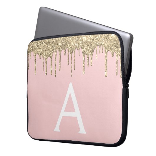 Blush Pink Gold Glitter Sparkle Monogram Laptop Sleeve (Voorkant Links)