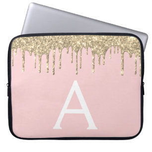 Blush Pink Gold Glitter Sparkle Monogram Laptop Sleeve