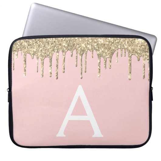 Blush Pink Gold Glitter Sparkle Monogram Laptop Sleeve (Voorkant)