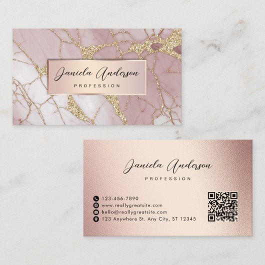 Blush Pink Gold Glitter Stijlvolle Marmeren QR-cod Visitekaartje (Voorkant / Achterkant)