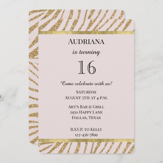 Blush Pink Gold Glitter Zebra Animal Birthday Kaart (Voorkant / Achterkant)