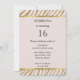 Blush Pink Gold Glitter Zebra Animal Birthday Kaart