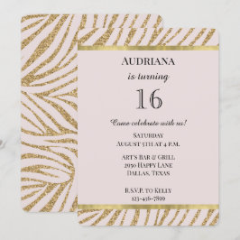 Blush Pink Gold Glitter Zebra Animal Birthday Kaart