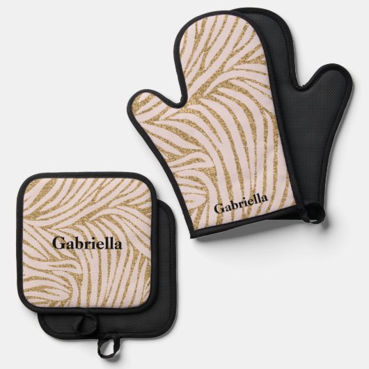 Blush Pink Gold Glitter Zebra Ovenwant & Pannenlap Set (Voorkant / Achterkant)