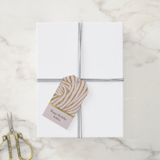 Blush Pink Gold Glitter Zebra Verjaardag Cadeaulabel (Met Touw)