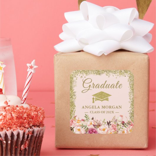 Blush Pink Gold Glitters Floral Afstuderen Favor Vierkante Sticker (Feest)